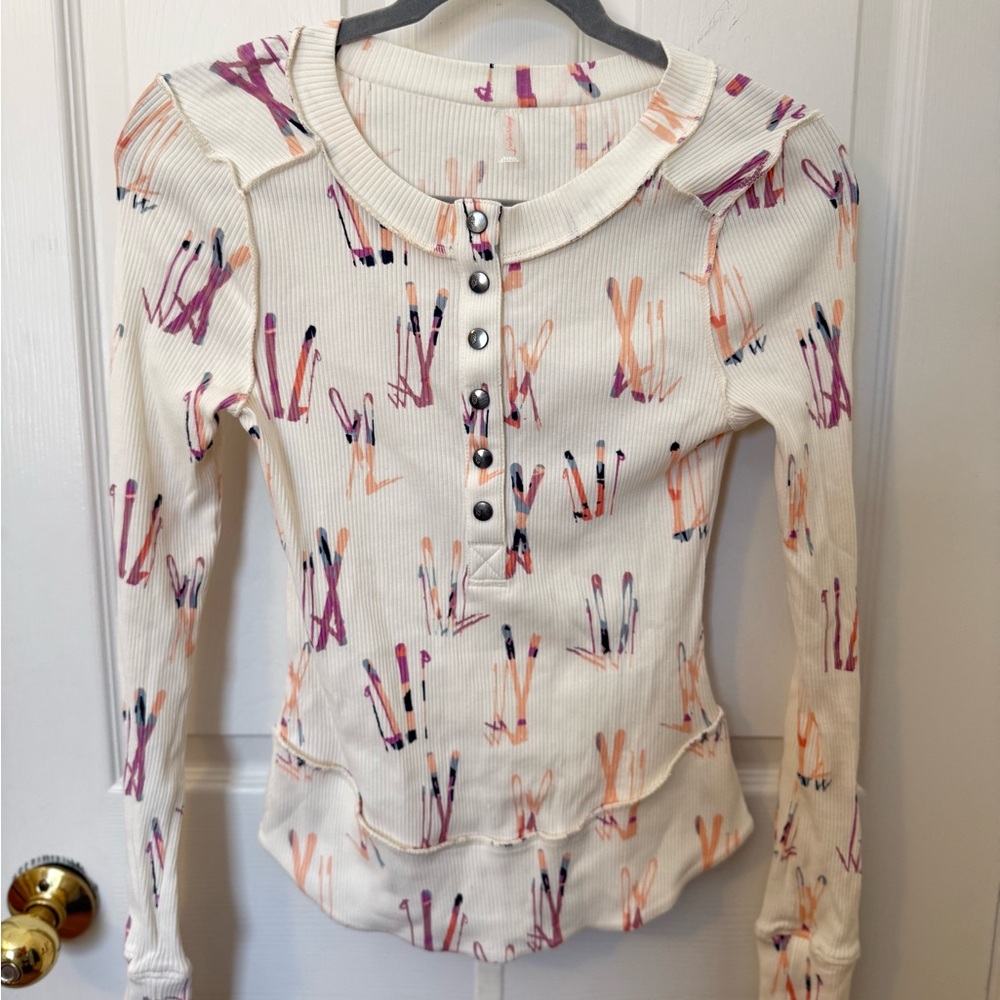 FP Movement by Free People Cream Long Sleeve Top with Ski Motif Print